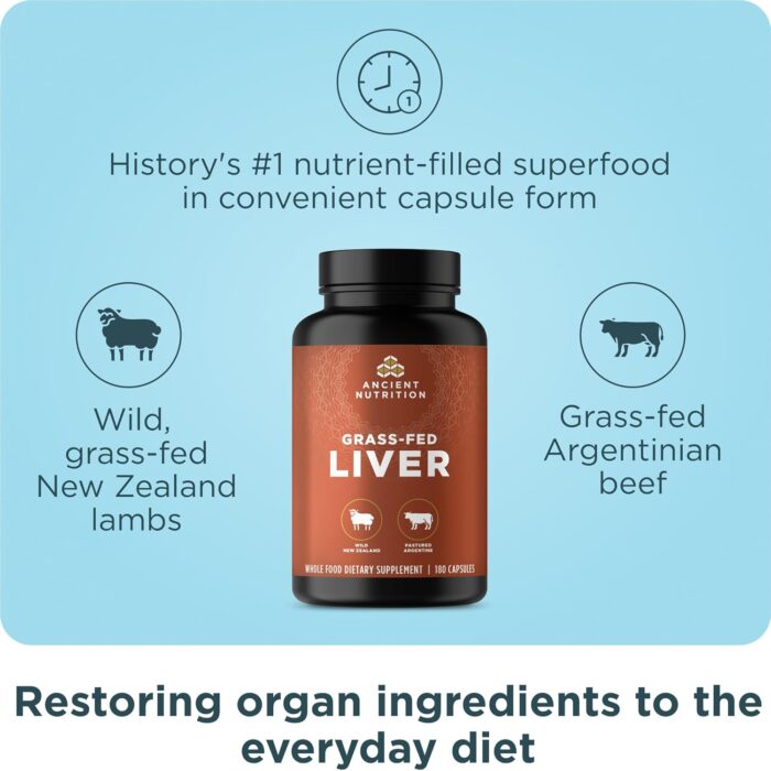 Organ Supplements by Ancient Nutrition, Grass-Fed and Wild Organ Complex Capsules, Beef & Lamb Liver, Supports Healthy Blood, Gut, and Liver, 180 Ct - Image 2