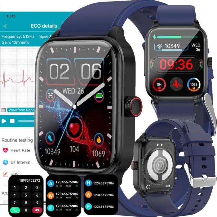 wgzixezn Smart Watch for Men Women, Answer/Make Call, ECG HRV Blood Glucose Fitness Tracker with Heart Rate Blood Pressure Monitor, IP67 Waterproof, Blood Sugar Activity Trackers for Android Ios,Blue