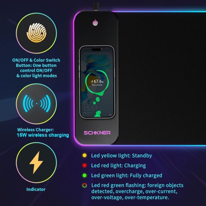 HYRAINBOW Gaming Mouse Pad with Wireless Charging, Large Mouse Pad with LED Light, Keyboard Pad with Non-Slip Rubber Base,Waterproof Desk Pad for Home Office Décor - Image 4