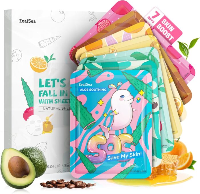 ZealSea Sheet Mask Face Mask Skin Care (Pack of 7) Beauty Facial Mask Kids Spa Face Mask Birthday Party gifts Women, kids Girls Skincare – Hydrate, Brighten, Moisturize,Soothe for All Skin Types