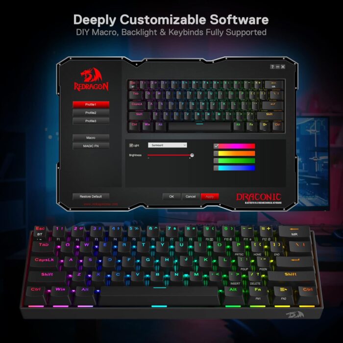 Redragon K530 Pro Draconic 60% Wireless RGB Mechanical Keyboard, Bluetooth/2.4Ghz/Wired 3-Mode 61 Keys Compact Gaming Keyboard w/100% Hot-Swap Socket, Free-Mod Plate Mounted PCB & Tactile Brown Switch - Image 8