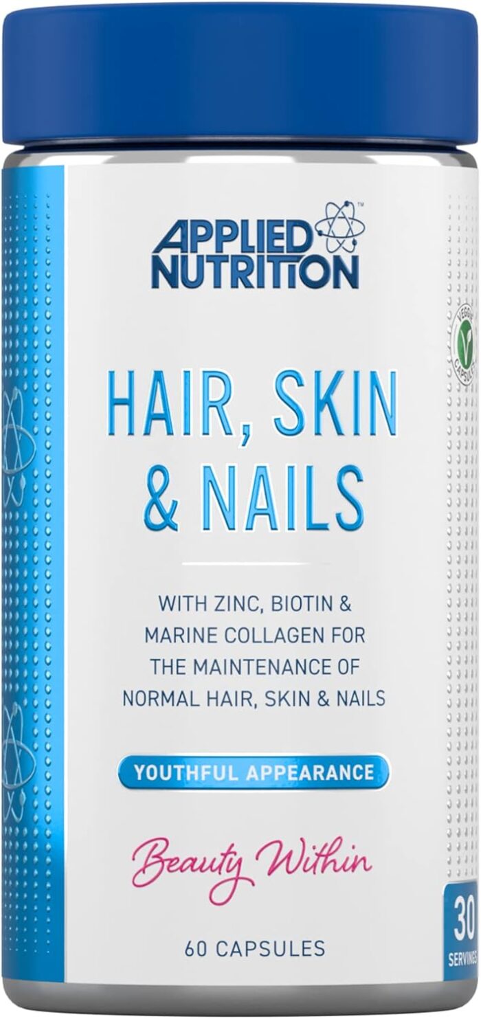 Applied Nutrition Biotin & Marine Collagen for Healthy Hair Growth, Skin & Nails Supplement with 10000 mcg Biotin – Vitamin B7, Zinc, Ashwagandha and Vitamin Blend (60 Capsules – 30 Servings)