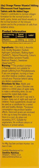 Sunshine Nutrition Vitamin C Orange Effervescent Tablets 20 Pieces x Pack of 2) Vitamin C - x2 bottles of 1000mg Vitamin C (40 tabs) - Image 4