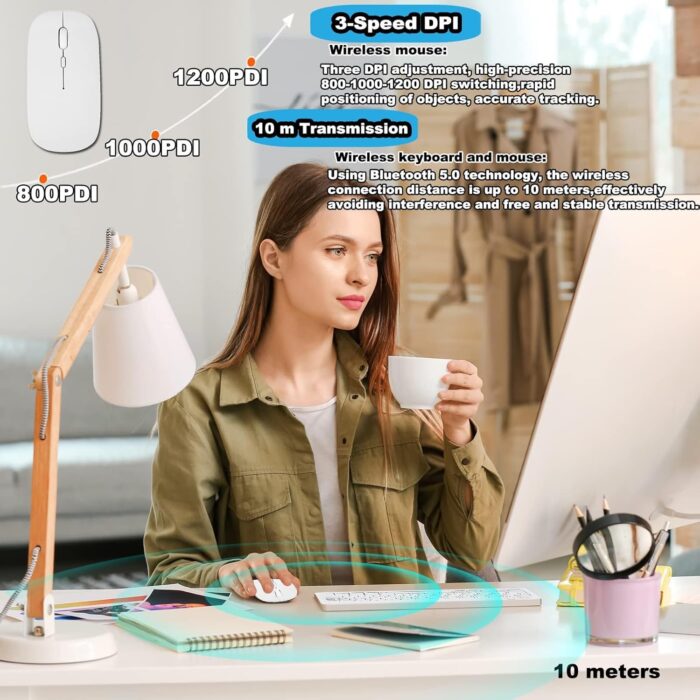 AWH Bluetooth Keyboard and Mouse Combo,Ultra Slim Rechargeable Portable Wireless Keyboard Mouse Set Compact for Android Windows Tablet Cell Phone iPhone iPad Computer Desktop PC Laptop(White) - Image 3