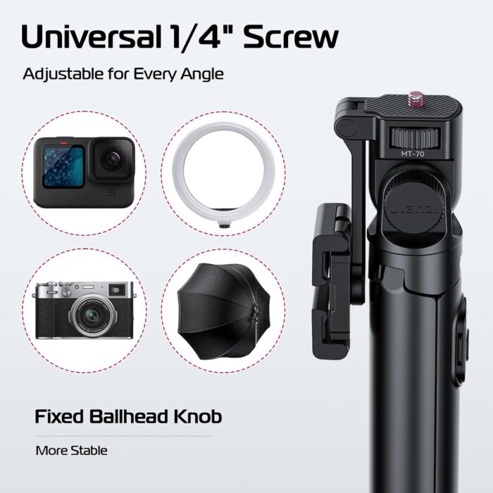 ULANZI MT-70 Extendable Tripod, 63" Selfie Stick Vlog Tripod Stand with 2 Phone Clips, 360 Rotate Dual Camera Holder for iPhone, Sony, Canon, GoPro, Lightweight for Travel, Black - Image 7