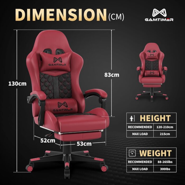 Gamtimer Gaming Chair, Ergonomic Computer Chair with Footrest and Lumbar Support, Breathable PU Leather, Large Gaming Chair, Height-Adjustable 360 Degree Swivel Chair (Pink) - Image 3