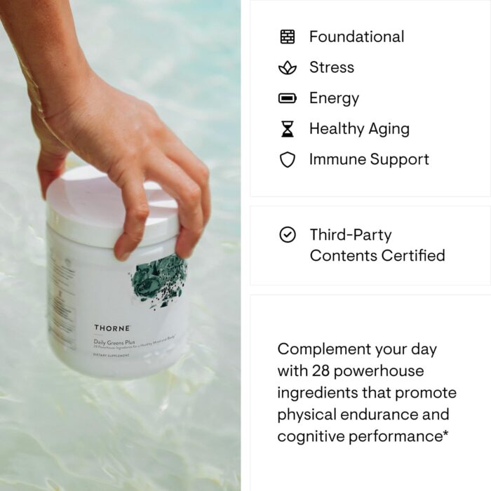 THORNE Daily Greens Plus - Comprehensive Greens Powder with Matcha, Spirulina, Moringa and Adaptogen, Mushroom and Antioxidant blends - Refreshing, Mint Flavor 204 grams - 30 Servings - Image 4