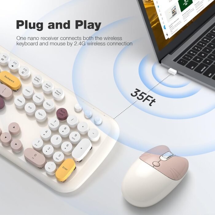 BIGTHREE Wireless Keyboard and Mouse Combo, 104 Keys Full-Sized 2.4G Retro Typewriter Computer Keyboard and 3 Level Adjustable Wireless Mouse, for Mac, Windows 7/8/10, Laptop, Desktop, PC, Computer - Image 2