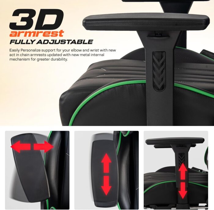 DROGO Wrath Pro Ergonomic Gaming Chair, Video Game Chair with 3D Armrest, Footrest & Adjustable Computer Chair/Home & Office Chair with PU Leather, Head & Lumbar Pillow with Recline (Black/Green) - Image 6