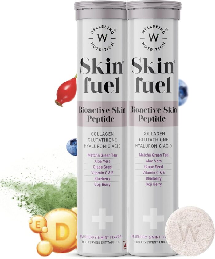 Wellbeing Nutrition Skin Fuel | Collagen Builder, L-Glutathione, Hyaluronic Acid, Matcha Green Tea, Aloe Vera, Grape Seed, Vit E | Skin Radiance, Elasticity, Glow for Men & Women -30 Effervescent Tabs