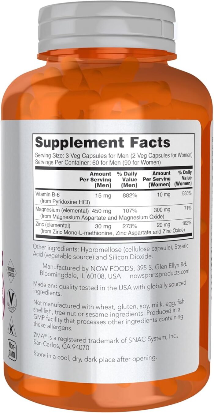 NOW Sports Nutrition, ZMA (Zinc, Magnesium and Vitamin B-6), Enhanced Absorption, Sports Recovery*, 180 Veg Capsules - Image 3