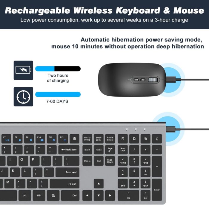 cimetech Rechargeable Wireless Keyboard and Mouse, 2.4G USB Full Size Keyboard Mouse Combo for Mac, Windows, Laptop, Computer - Grey - Image 2