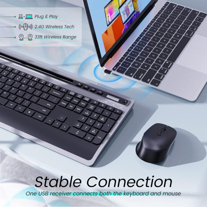 Wireless Keyboard and Mouse Combo, 2.4G Ergonomic Computer Keyboard and Mouse Set, Full Size Cordless USB Keyboard and Mouse Phone Holder for Mac, Laptop and Computer (No Bluetooth Connection)(Black) - Image 2