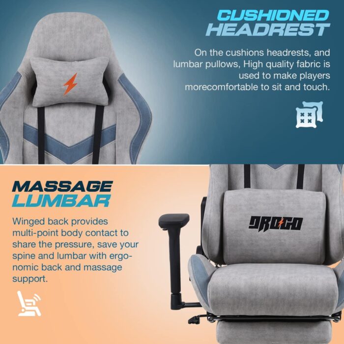 BAYBEE Drogo Multi-Purpose Ergonomic Gaming Chair with 7 Way adjustable Seat with 3D Armrest, Fabric, Head & USB Massager Lumbar Pillow, Office Desk Chair with Full Recliner Back & Footrest(Grey) - Image 4