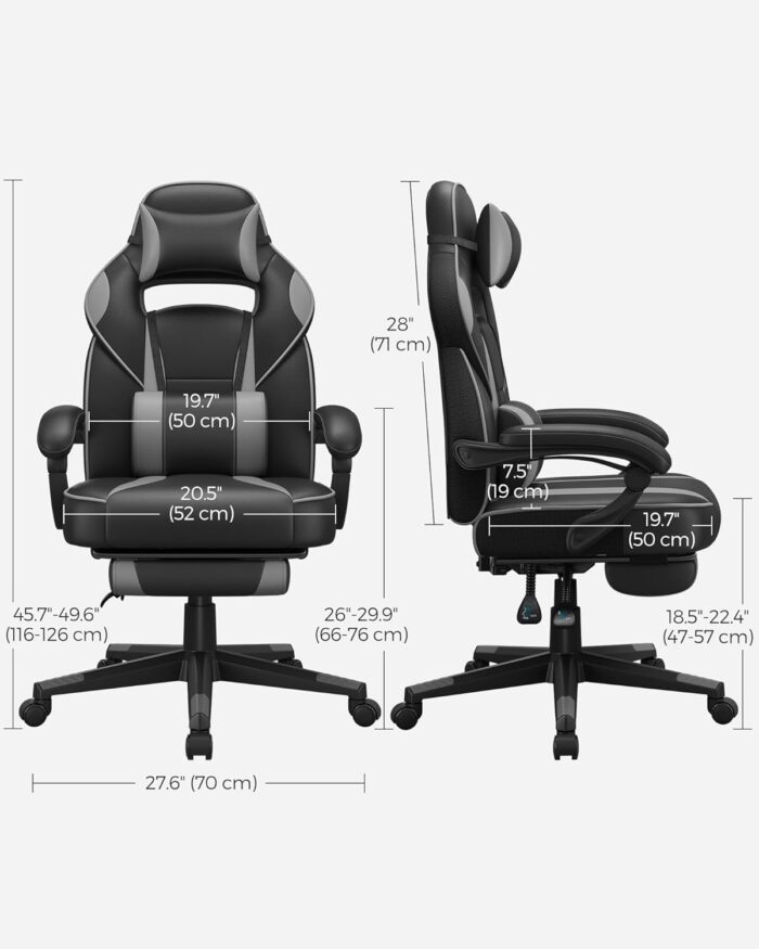 SONGMICS OBG073B03 Gaming Chair, Desk Chair with Footrest, Office Chair with Headrest and Lumbar Cushion, Height-Adjustable, Ergonomic, 90-135° Tilt Angle, Maximum Load 150 kg, Black/Grey - Image 4