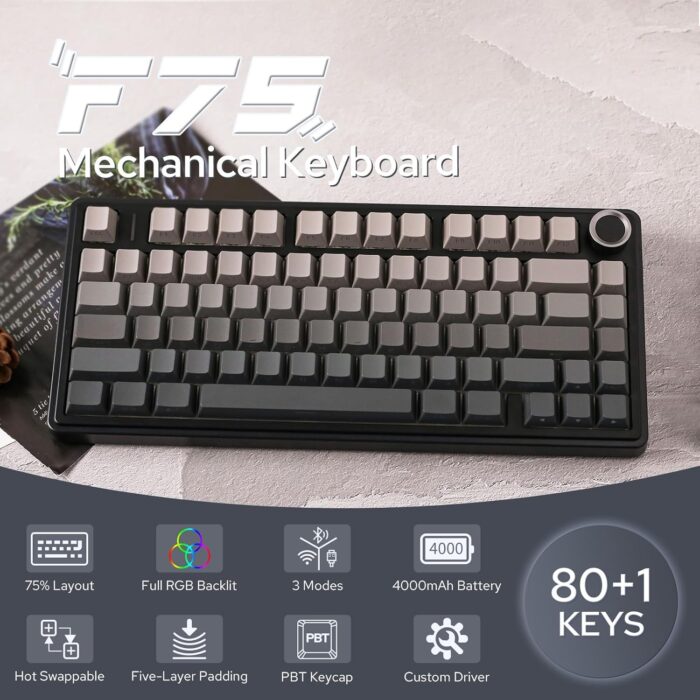EPOMAKER x AULA F75 Gasket Mechanical Keyboard, 75% Wireless Hot Swappable Gaming Keyboard with Five-Layer Padding&Knob, Bluetooth/2.4GHz/USB-C, RGB (Black Gradient, LEOBOG Reaper Switch) - Image 2