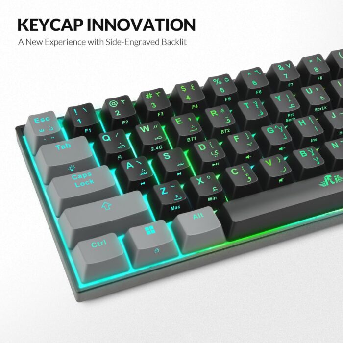 Rii [Arabic layout]RK802 Wireless Gaming keyboard, 3 Modes(Bluetooth/2.4G/Wired), 60% Rechargeable RGB Backlit Gaming Keyboard Red Switch for PC Windows Laptop(Black) - Image 3