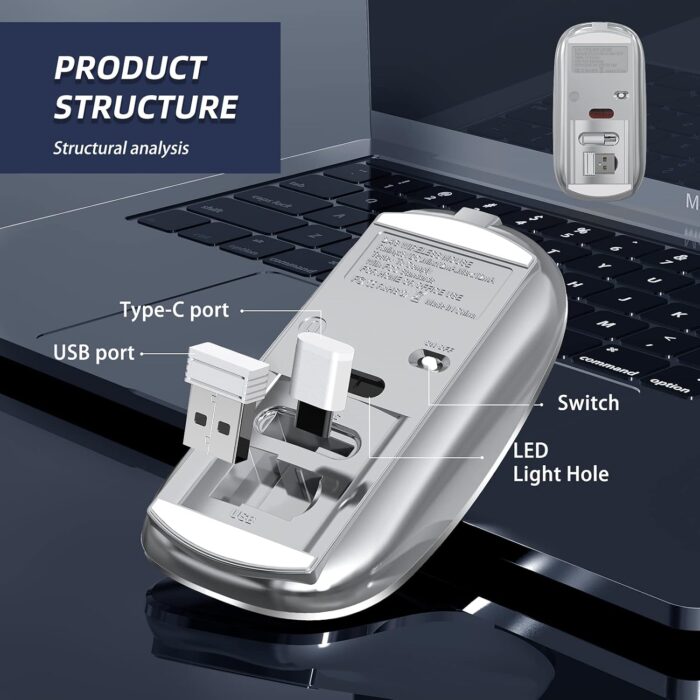 Halpilt Wireless Mouse Chargeable Portable Silent USB and Type-C Dual Mode Wireless Mouse 3 Adjustable DPI for Laptop, Mac, MacBook, Android, PC (Q23S Black) (Grey) - Image 6