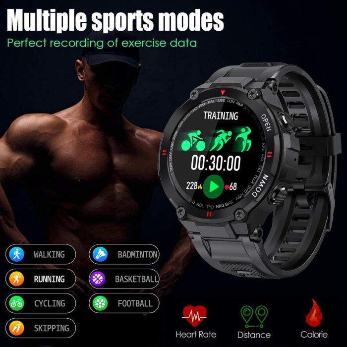 EIGIIS Military Smart Watch Men Outdoor Waterproof Tactical Smart Watch Bluetooth Talk Speaker 1.3 Inch HD Touch Screen Fitness Tracker Compatible with iPhone Samsung (Black) - Image 4