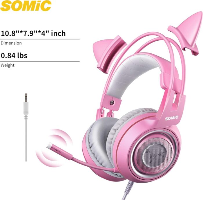 SOMIC G951s Pink Stereo Gaming Headset with Mic for PS4,Xbox,PC,Mobile Phone,3.5mm Noise Reduction Cat Ear Headphones Lightweight Over Ear Headphones for Girls - Image 8