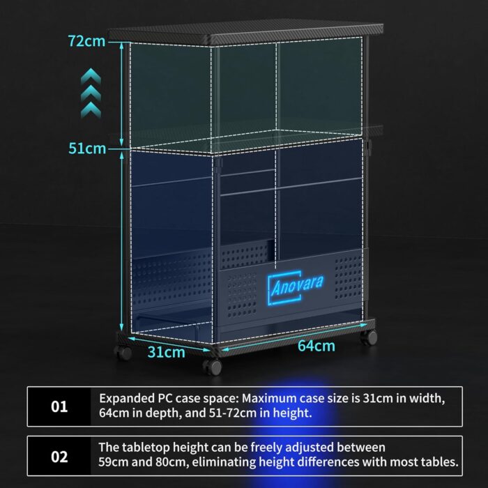 Anovara Computer Cart Height Adjustable Computer Tower PC Stand Table with RGB Lighting CPU Holder Table with Carbon Fiber Desktop and Lockable Rolling Wheels - Image 3