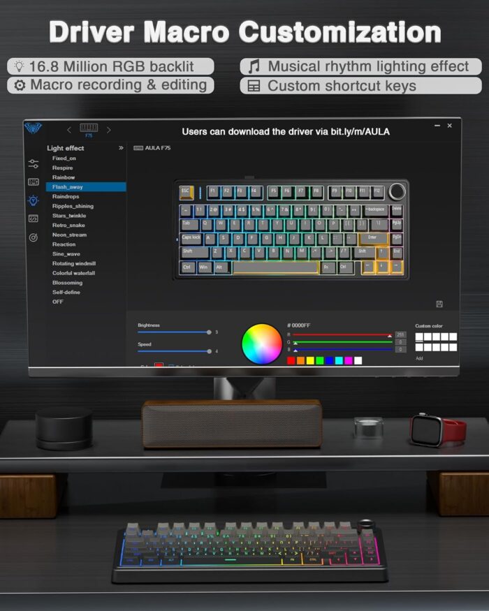 AULA F75 Gasket Mechanical Keyboard, 75% Wireless Hot Swappable Gaming Keyboard with Five-Layer Padding&Knob, Bluetooth/2.4GHz/USB-C, RGB Light. (Black) - Image 6
