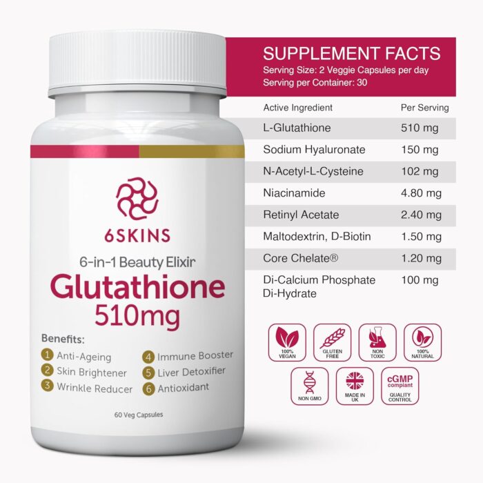 6SKINS® 6in1 Beauty Elixir with L-Glutathione 510mg, NAC 102mg & Hyaluronic Acid 150mg Glutathione Supplement with 4x Absorption - Immune & Liver Support, Powerful Antioxidant for Skin - 60 Capsules - Image 4