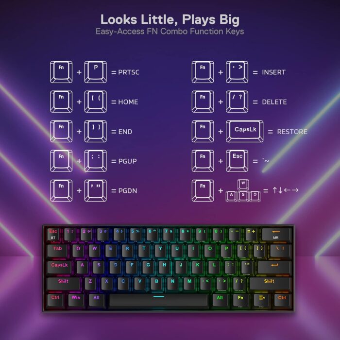 Redragon K530 Pro Draconic 60% Wireless RGB Mechanical Keyboard, Bluetooth/2.4Ghz/Wired 3-Mode 61 Keys Compact Gaming Keyboard w/100% Hot-Swap Socket, Free-Mod Plate Mounted PCB & Tactile Brown Switch - Image 6