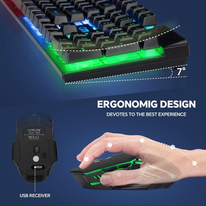 CHONCHOW USB Wireless Gaming Keyboard and Mouse Combo LED Backlit Ergonomic Mechanical Feeling Key 19 Keys Anti-ghost Rechargeable 2500mAh Battery,7D 3600DPI Mice for PC Gamer - Image 5