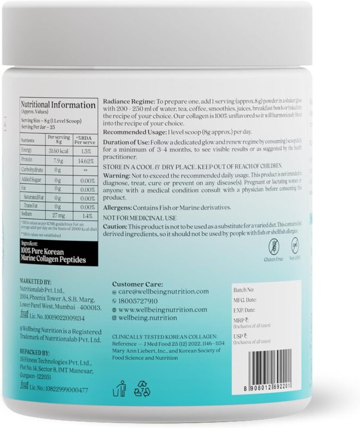 WELLBEING NUTRITION Pure Korean Marine Collagen Powder | Hydrolyzed Type 1 & 3 Collagen Protein and Amino Acids |Supports Healthy Skin, Hair, Nails, Bone & Joint, Non GMO, Unflavored - 200g - Image 7