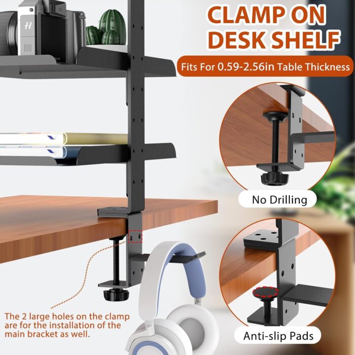TERRIFI Desktop or Under Desk 3-Tier Shelving Unit, Clamp-On Shelf Organizer with Adjustable Metal Storage Tray and Headphone Stand, No Drilling Anti-Slip Desk Storage Shelf - Image 6