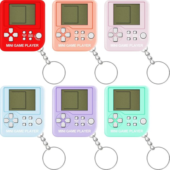 KASTWAVE Brick Game Console Keychain, 6 Pieces Video Game Party Favors Mini Brick Game Toy Keychain Game Console Birthday Festival Favor (Purple, Orange, Blue, Red, Green, Pink, Classic Style)
