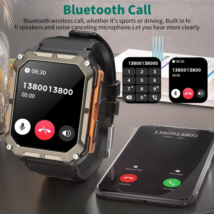 MIGOUFIT Smart watch military for men with call dials that can make calls and answer calls compatible for iOS Android, Fitness Activity tracker with IP68 Waterproof Ai voice, with 123 Sports Modes - Image 2