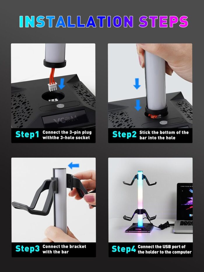 VCOM RGB Headphone Stand with 10 Light Modes, Gaming Controller Holder with 2 USB Ports, PC Gaming Accessories for Desk, Universal Organizer Headpsets/Xbox PS5 Controller Stand Gamer gifts - Image 6
