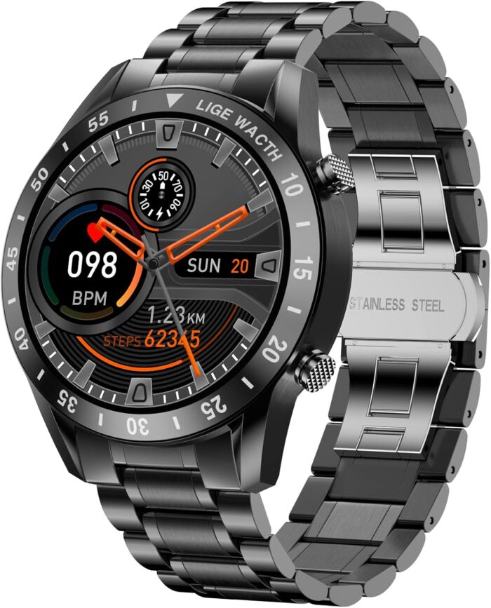 LIGE Smart Watch for Men, Bluetooth Calls Voice Chat Fitness Tracker with Blood Pressure Heart Rate Sleep Monitor,1.3″ Full Touch Screen Activity Trackers IP67 Waterproof Pedometer for iOS Android