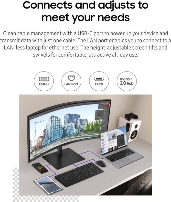 SAMSUNG 34” ViewFinity S65VC Series Ultrawide QHD Curved Monitor, Built-in FHD Camera, HDR10, 100Hz, 350 nit, USB- C, Adjustable Stand, Intelligent Eye Care, LS34C650VANXGO, Black - Image 7