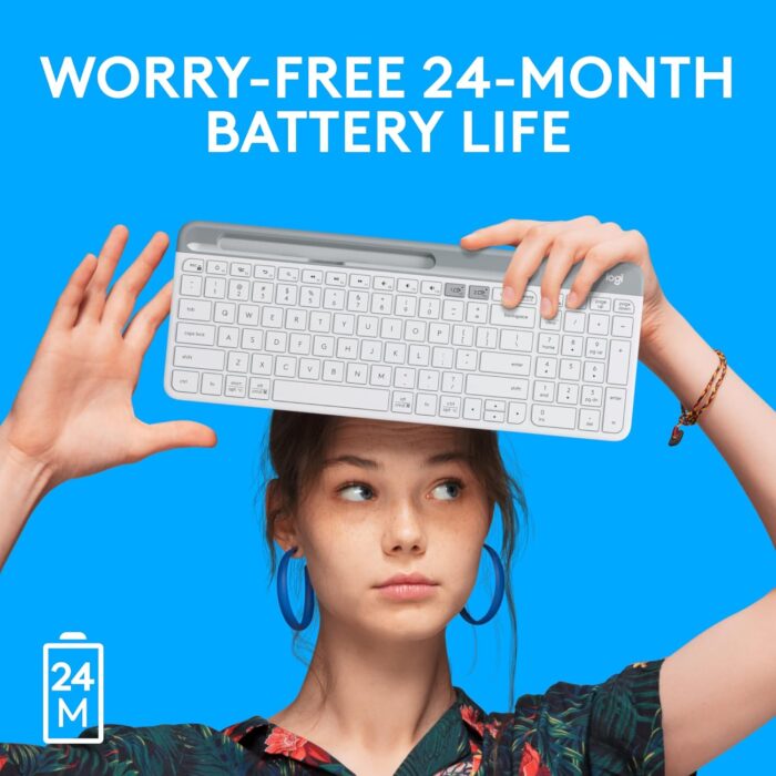 Logitech K580 Slim Multi-Device Wireless Keyboard - Bluetooth/Receiver, Compact, Easy Switch, 24 Month Battery, Win/Mac, Desktop, Tablet,Smartphone, Laptop Compatible, English+Arabic Keyboard - White - Image 7
