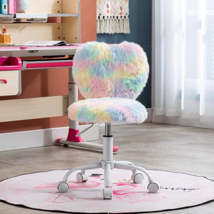 DM Furniture Cute Fuzzy Kids Chair Comfy Study Desk Chair Furry Studing Computer Task Chair Faux Fur Swivel Vanity Chair for Girls Bedroom, Multi-Color - Image 2