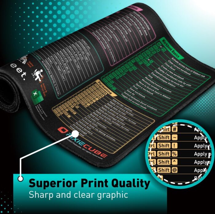 Glittery Garden Excel Shortcut Keys Mouse Pad - Extended Large XL Cheat Sheet Gaming Mousepad | PC Office Spreadsheet Keyboard Mat | Non-Slip Stitched Edge - Image 4