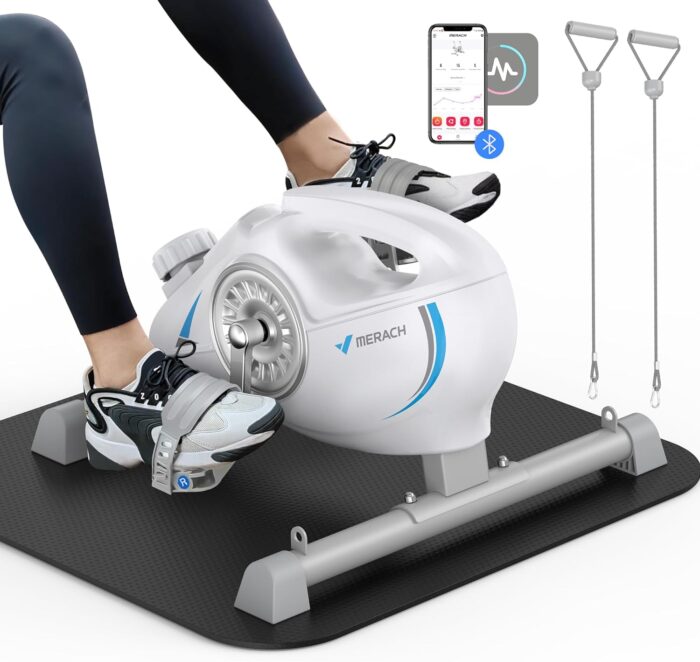 MERACH Under Desk Exercise Bike Stationary Bike, Quiet Magnetic Cycling Cardio Equipment with App for Arm, Leg Recovery, Spin Bike Cycle with 2 Resistance Band & Non-Slip Exercise&Fitness Equipment