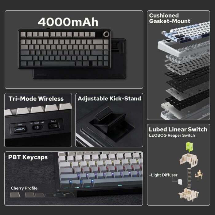 EPOMAKER X AULA F75 MAX Tri-Mode Wireless Gaming Keyboard, TFT Screen, Knob, Hot Swappable, 2.4GHz/Type-C/BT5.0, Gasket Creamy, for PC/Mac/Office/Gaming (Black Gradient) - Image 2