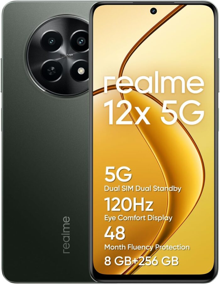 realme 12x 5G | Dual SIM | 8GB RAM | 256GB ROM | 6.67″ 120Hz Display | 50MP AI Camera | Dimensity 6100+ | 5000mAh Battery | 15W Fast Charging | Android 14 | 12 Months Warranty (Glowing Black)