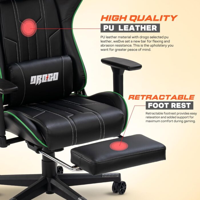 DROGO Wrath Pro Ergonomic Gaming Chair, Video Game Chair with 3D Armrest, Footrest & Adjustable Computer Chair/Home & Office Chair with PU Leather, Head & Lumbar Pillow with Recline (Black/Green) - Image 4