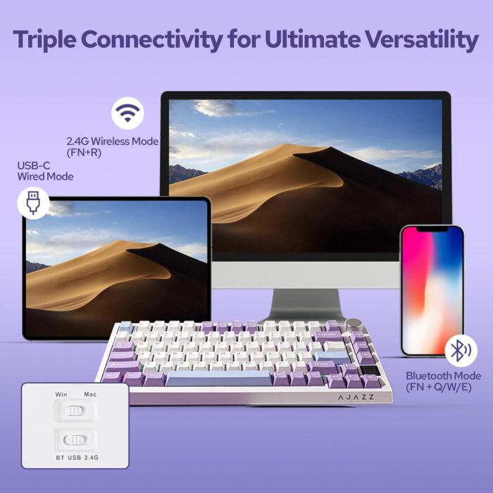 EPOMAKER Ajazz AK820 Pro 75% Gasket-mounted Mechanical Keyboard with TFT Screen, 3 Modes(Bluetooth 5.1/2.4G Wireless & Type-C Wired), Sound Dampening Foams (White Purple, Ajazz Flying Fish Switch) - Image 4