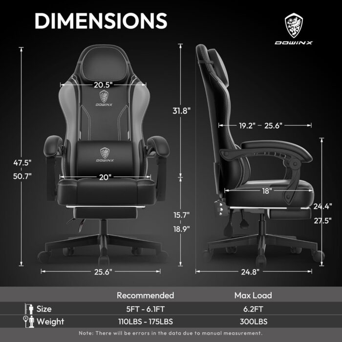 Dowinx Gaming Chair with Pocket Spring Cushion, Ergonomic Game Chair with Footrest and Massage Lumbar Support for Adults, High Back Leather Computer Chair for Office Gaming 300LBS, Grey - Image 3