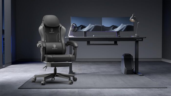 Dowinx Gaming Chair with Pocket Spring Cushion, Ergonomic Game Chair with Footrest and Massage Lumbar Support for Adults, High Back Leather Computer Chair for Office Gaming 300LBS, Grey - Image 2