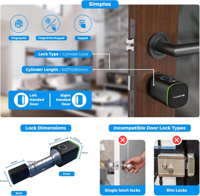 Lumive Smart Door Lock I Fingerprint Door Lock I Bluetooth App Unlock I 2 Keys 5 RFID Cards I Fixed Cylinder I Black [Battery Included] (Fingerprint + Keypad, Black, adjustable 60-90mm) - Image 2