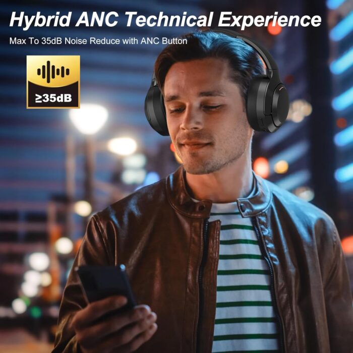 Hybrid Active Noise Cancelling Headphones, Bluetooth 5.4 Headset, Wireless Headphones, ANC Button, 60H Playtime, 35dB Noise Reduce, Hi-Fi Audio Sound, CVC 8.0 Mic, USB-C Charge, Protein Skin Ear Cups - Image 2