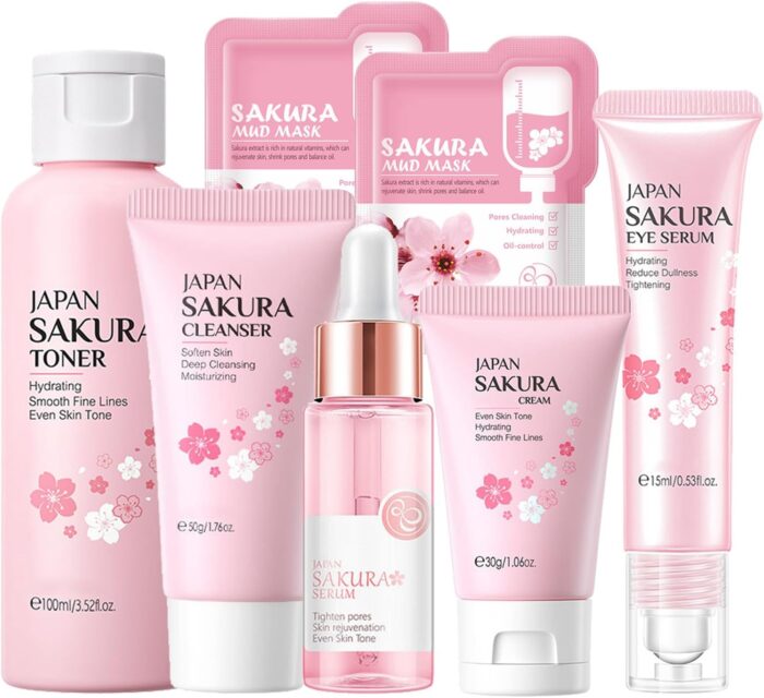 Skin Care Set Sakura Women Beauty Gift Sets Korean Skin Care Kit- Cleanser,Serum,Face Cream,Toner,Eye Cream,Mud Mask-Skin Care Routine Kit (One Size, Cherry Blossom-StyleA-Bae Moisturizing)