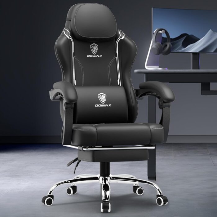 Dowinx Multi-Functional Gaming Chair, Ergonomic High Back Reclining & Height Adjustable PU Leather Computer Chairs with Massage Cushion, Neck & Lumbar Support, Footrest (Black) - Image 2